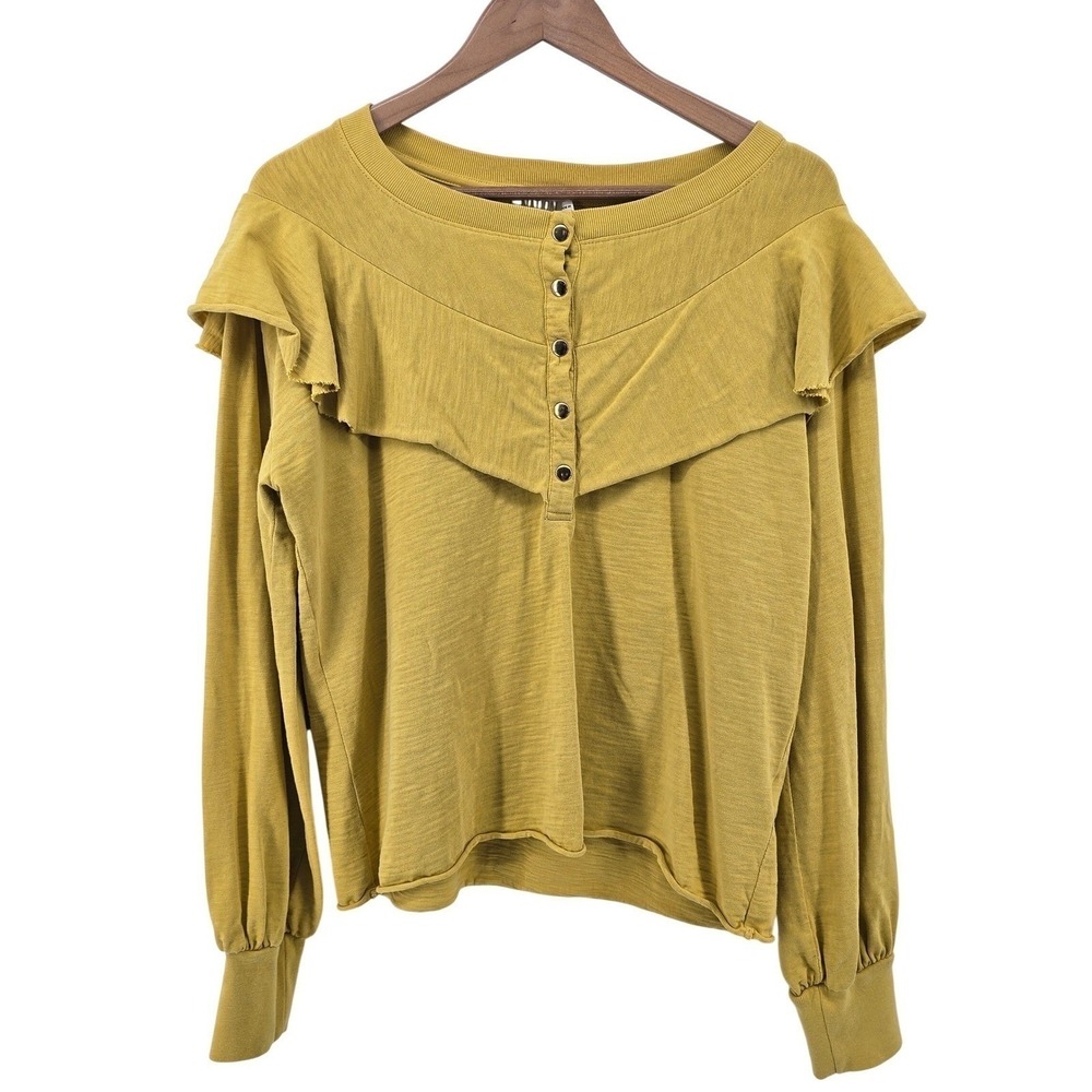 Nation LTD Top Womens M Ruffle Henley Mustard Yellow Long Sleeve Raw Hem EUC